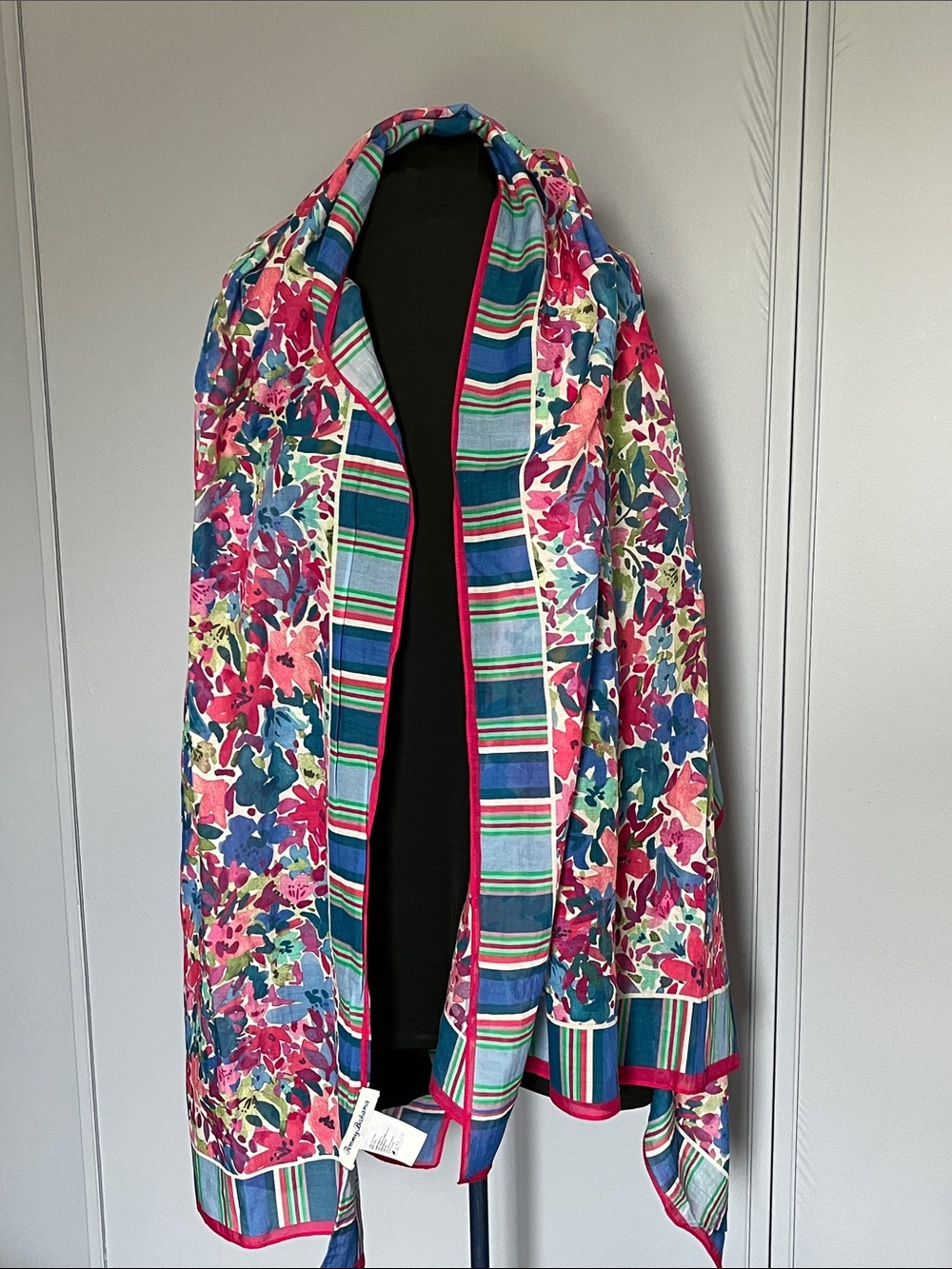 Tommy Bahama Floral Cotton Silk Scarf Wrap 73x39 Large Tropical Shawl Pink Blue - Picture 1 of 10